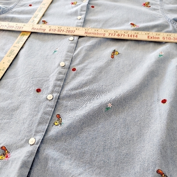 Vintage Warner Bros Tweety Denim Chambray Embroiderd Button-up Shirt Large Tunic - Picture 11 of 14